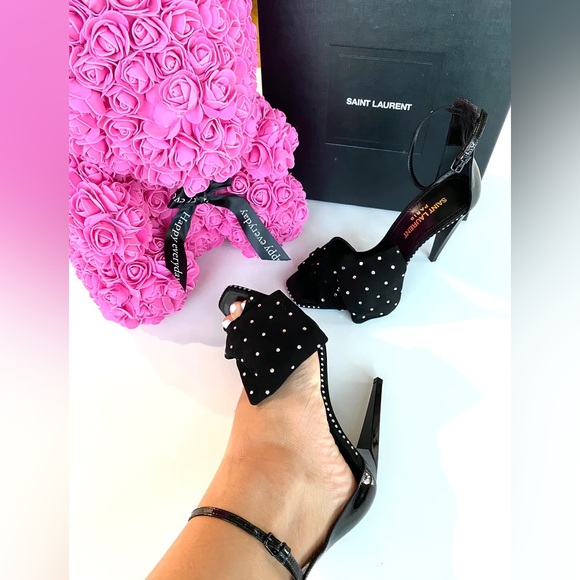SAINT LAURENT FREJA BLACK SUEDE BOW CRYSTAL STRASS OPEN TOE SANDAL SHOES - Picture 9 of 9